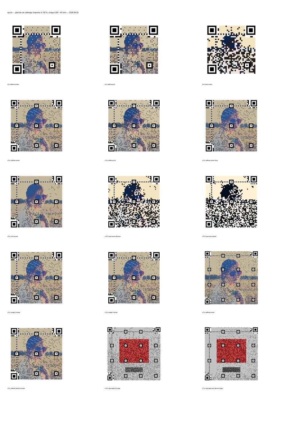 The sqr.art calibration sheet: a dozen QR variants at 40 mm, including deliberately fragile controls.