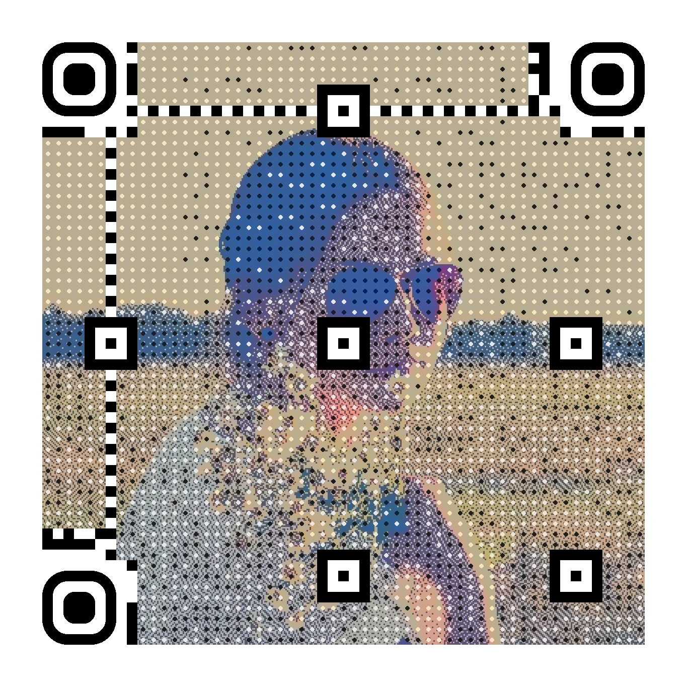 Scannable artistic QR code generated from the photo, with the image visible inside the code