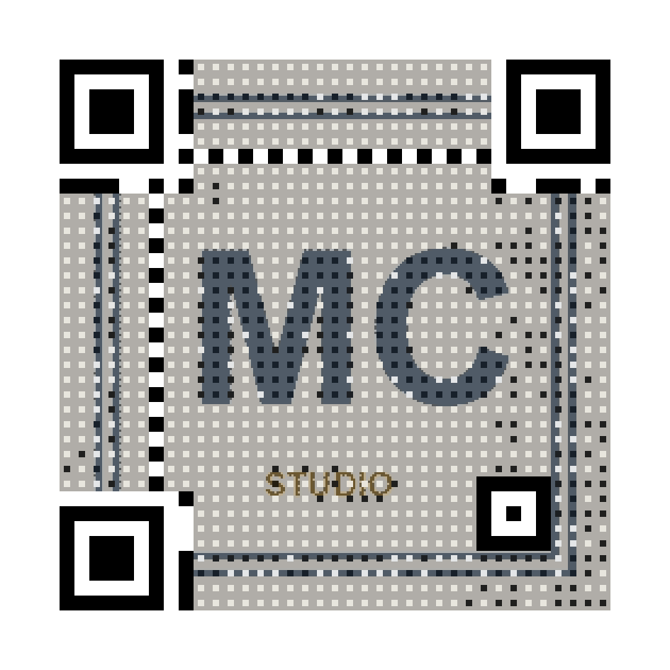 Compact QR code generated from an MC Studio monogram logo for a business card